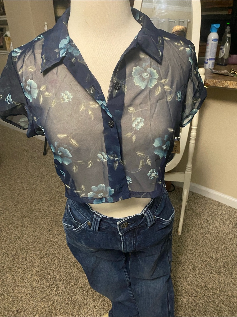 Sheer Navy Floral Crop Button-Up Top vintage Floral Blouse